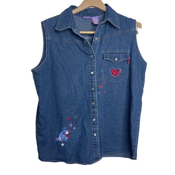 VTG Disney Winnie The Pooh Eeyore Denim Embroidered Sleeveless Shirt 14W Top - Picture 1 of 8